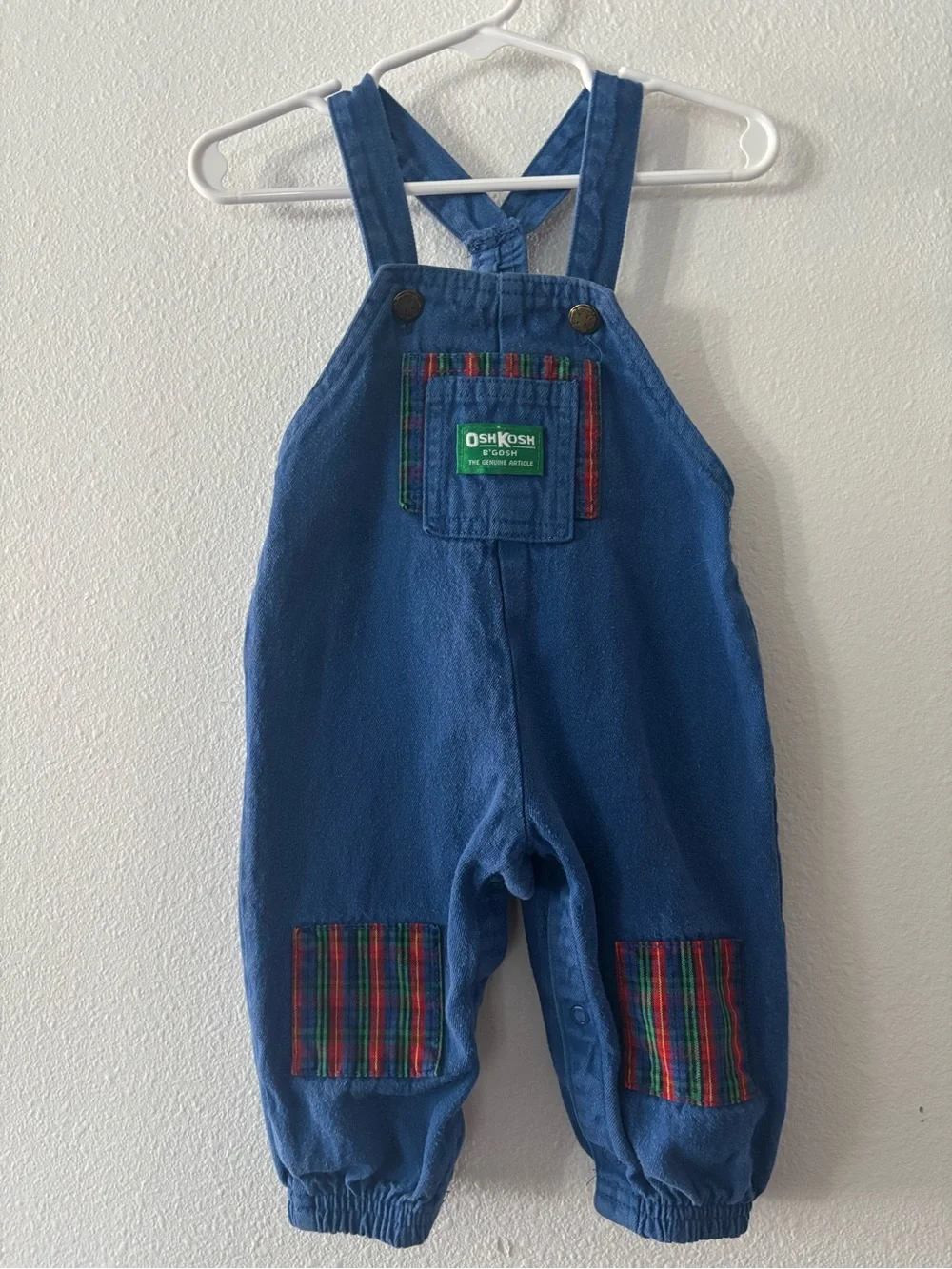 Vintage Oshkosh B'gosh Blue Toddler Overalls with Plaid Patches